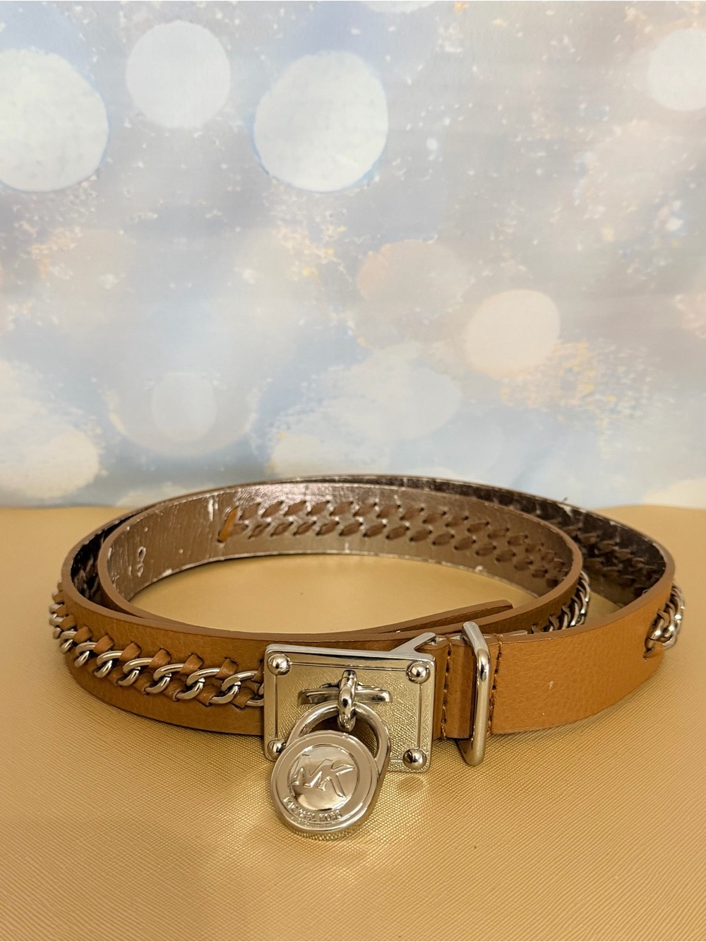 Michael Kors Ladies Leather Belt with Silver MK Lock & Chain